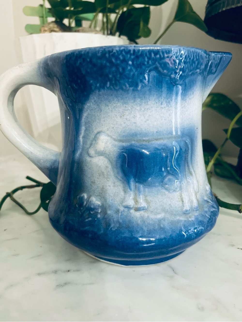 Vintage Blue Salt Glazed Stoneware Pitcher Cow in Pasture Flowers